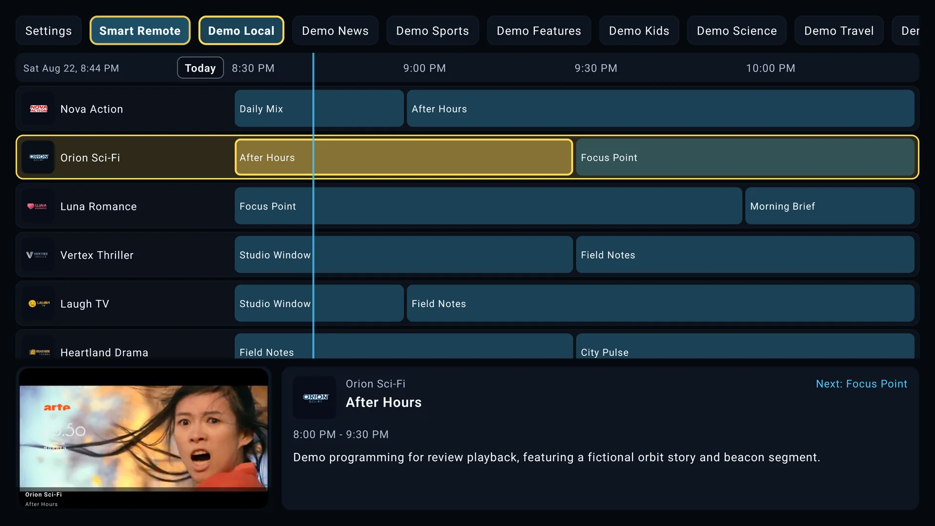 SluiceBox live TV guide using the demo provider