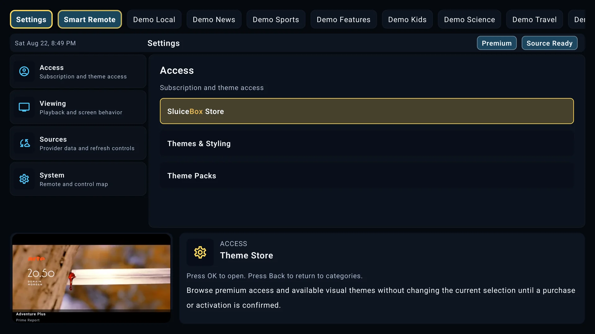 SluiceBox source settings on Android TV